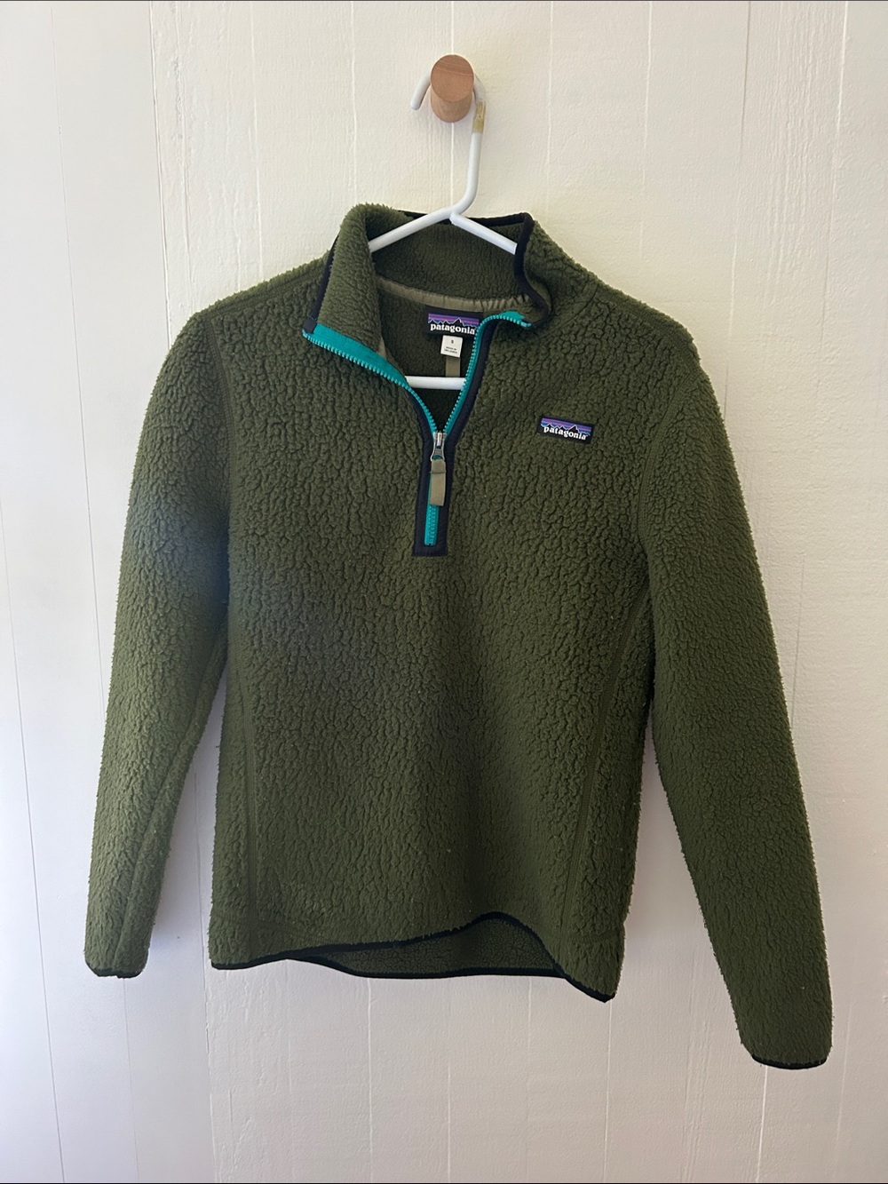 Patagonia Olive Green Retro Pile Quarter-Zip Sweater with Teal Trim